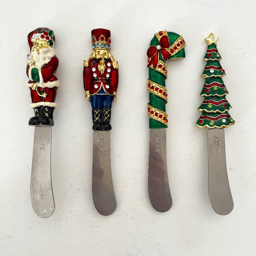 GOLD CLOISONNE STYLE CHEESE / CANAPE SERVING KNIVES SET OF 4